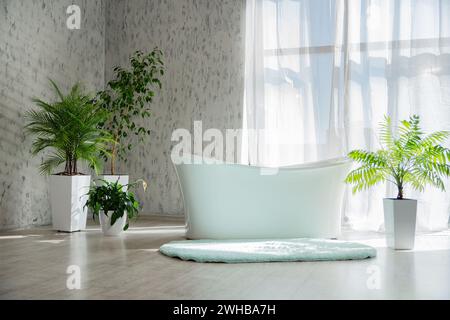 Geräumiges, sonnendurchflutetes Badezimmer mit freistehender Badewanne. Stockfoto