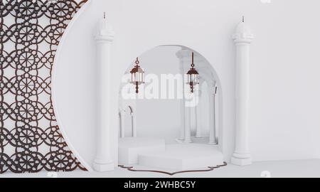 Die Majestät der Moschee: 3D Rendern Sie das muslimische Podium mit einem schönen und schönen weißen Hintergrund Stockfoto