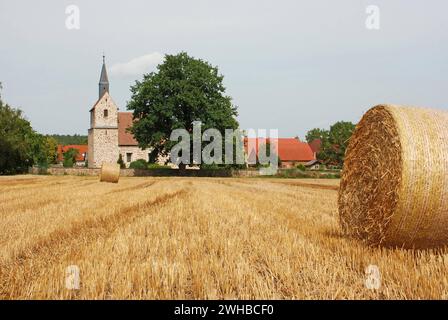 17.08.2012 Straße der Romanik Deutschland/Sachsen Anhalt/Altmark/Altmarkkreis Salzwedel/Wiepke/Dorfkirche/davor ein abgeerntetes Getreidefeld/Strohballen/Rundballen liegen auf dem Feld *** 17 08 2012 romanische Straße Deutschland Sachsen Anhalt Altmark Altmarkkreis Salzwedel Wiepke Dorfkirche vor A geerntete Kornfeldballen mit Strohrundballen, die auf dem Feld liegen Stockfoto