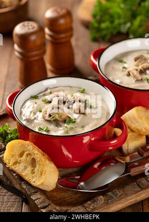 Zwei Schüsseln cremige Pilzsuppe mit Pilzscheiben und Petersilie auf einem rustikalen Holztablett Stockfoto