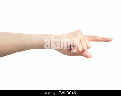 Die Hand des Mannes zeigt die Flosse isoliert auf weiß Stockfoto