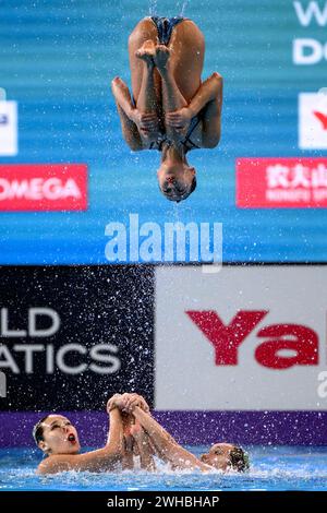 Doha, Katar. Februar 2024. Das Team China tritt am 9. Februar 2024 im künstlerischen Schwimmen Mixed Team Free Finale während der 21. Aquatics World Championships im Aspire Dome in Doha (Katar) an. Quelle: Insidefoto di andrea staccioli/Alamy Live News Stockfoto