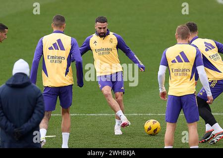 Madrid, Spanien. Februar 2024. Dani Carvajal von Real Madrid wurde während der letzten Trainingseinheit vor dem Fußballspiel der LaLiga EA Sports Week 24 gegen Girona FC in Ciudad Deportiva Real Madrid im Einsatz gesehen. (Foto: Federico Titone/SOPA Images/SIPA USA) Credit: SIPA USA/Alamy Live News Stockfoto