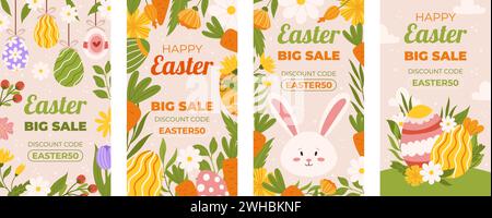 Ostersammlung mit vertikalen Social-Media-Vorlagen für Shopping-Angebote. Design mit Blumenrahmen, bemalten Eiern, Karotten und Häschen. Flache handgezogene illu Stock Vektor