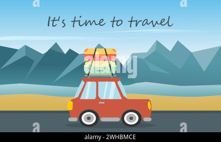 Roadtrip Urlaub mit dem Auto auf der Autobahn mit Blick auf den Strand und die Hügel. Es ist Zeit zu reisen. Vektorabbildung. Stock Vektor