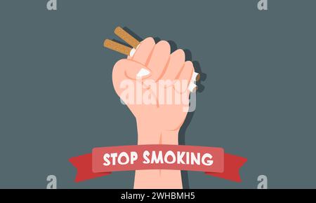 Rauchverbot Die Hand zerquetschen oder die Zigarette halten. Konzept des World No Tobacco Day. Vektorabbildung. Stock Vektor