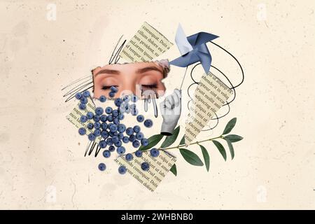 Collage-Bild des weinenden verärgerten Mädchens, das Papier-Windmühle auf kreativem Zeichenhintergrund spinnt Stockfoto