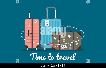 Reisekonzept mit Gepäck oder Gepäck und altem Vintage-Lederkoffer mit Reiseaufklebern. Reisezeit. Vektorabbildung. Stock Vektor