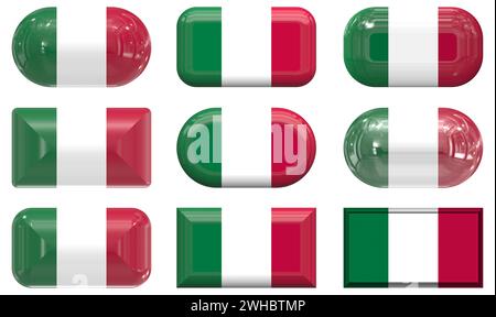 Neun Glasknöpfe der italienischen Flagge Stockfoto
