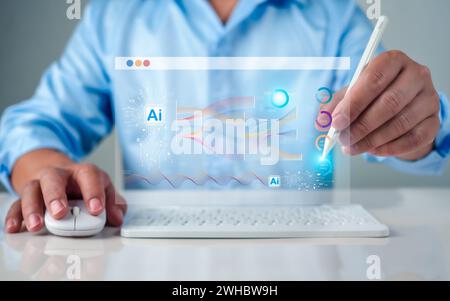 Menschliche Hand hält Stift berührt KI-System, symbolisch, maschinelles Lernen, künstliche Intelligenz der futuristischen Technologie, KI-Netzwerk des Gehirns Stockfoto