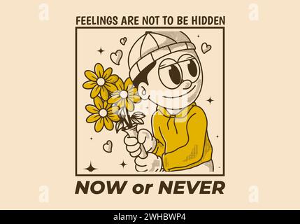 Jetzt oder nie. Vintage-Illustration eines Beanie-Typen, der eine Blume hält Stock Vektor