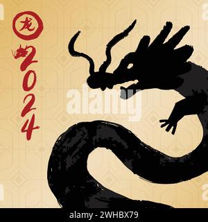 Drachensilhouette für Lunar Chinese New Year 2024, Vektordesign, goldener Hintergrund mit orientalischem Stilmuster, Fremdtextsetzung als Jahr des t Stock Vektor