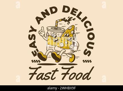 Fast Food, einfach und lecker. Maskottchenfigur von laufender Pizza und alkoholfreiem Getränk Stock Vektor
