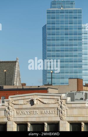 Blick auf das alte Worcester Market Building in Worcester, Massachusetts, USA, der zweitgrößten Stadt in New England. Stockfoto