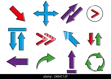 Satz farbiger Linienpfeile, Richtungen. Vektorabbildung. EPS 10. Rohbild. Stock Vektor