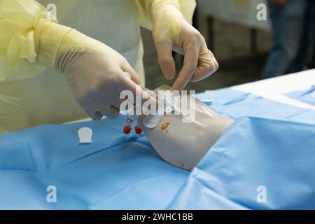 Eine Person in Handschuhen, die Eine Nadel auf Eine Schaufensterpuppe legt. Stockfoto