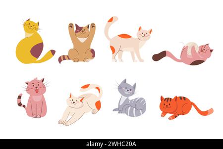 Niedliches Smile Cats Set. Cartoon-Design-Sammlung von Katzenrassen in verschiedenen Posen. Lustige Kätzchen spielen, dehnen, sitzen, entspannen Stock Vektor