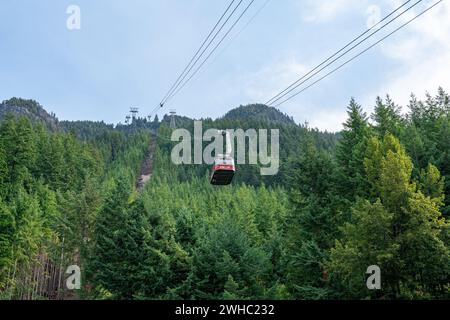 Die Skyride-Gondel, die Besucher auf den Gipfel des Grouse Mountain bringt. Stockfoto