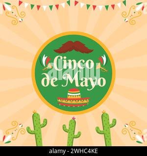 Farbiges Cinco de Mayo-Label mit Schnurrbart und Trompeten Vektor Stock Vektor