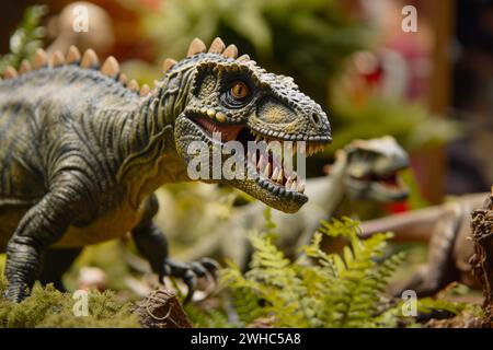 Gefährliche wütend aggressiv brüllende Tyrannosaurus rex Dinosaurier Velociraptor Raptor Dino Plastikspielzeugfigur scharfe Zähne prähistorisch ausgestorben Stockfoto