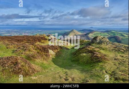 Lawley und Wrekin, von Caer Caradoc aus gesehen, Church Stretton, Shropshire Stockfoto