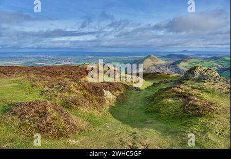 Lawley und Wrekin, von Caer Caradoc aus gesehen, Church Stretton, Shropshire Stockfoto