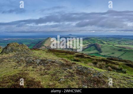 Lawley und Wrekin, von Caer Caradoc aus gesehen, Church Stretton, Shropshire Stockfoto