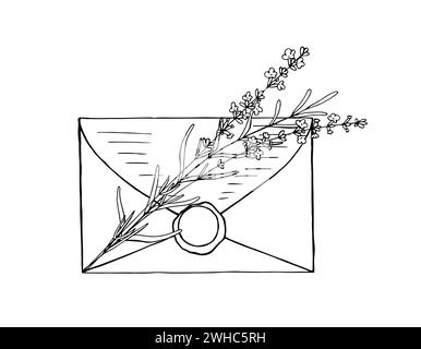 Umschlag mit Wachsversiegelung und Lavendelzweig. Vektor-handgezeichnete lineare Skizze für die Konstruktion. Lavendelästhetik Stock Vektor