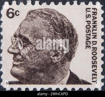 Franklin Delano Roosevelt, 1882, 1945, 32. Präsident der Vereinigten Staaten, 1933, 1945. Porträt auf US-Briefmarke Stockfoto