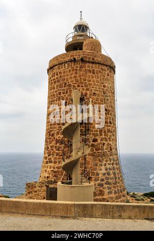 Leuchtturm Torre de Cabo de Gracia, Torre de Punta Camarinal, Naturpark, Parque Natural del Estrecho, Straße von Gibraltar, Costa de la Luz Stockfoto