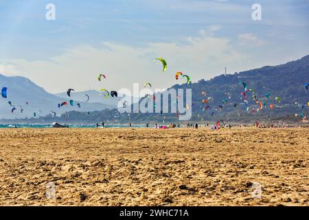 Küste, unzählige Kitesurfer am Horizont, Hotspot für Surfer, Tarifa Beach, Tarifa, Cadiz, Costa de la Luz, Andalusien, Spanien Stockfoto