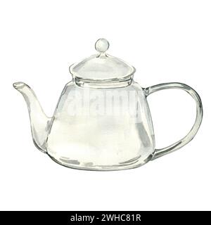 Aquarellbild einer leeren transparenten Teekanne für Heilkräuter isoliert auf weiß. Glas-Teekanne für Kräutertee. Handzeichnung von Glasutensilien. F Stockfoto