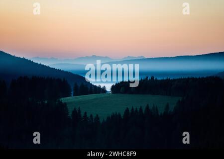 Morgennebel, Morgenstimmung, Sonnenaufgang, Blick vom Thurner, Schweizer Alpen im Hintergrund, Schwarzwald, Baden-Württemberg, Deutschland Stockfoto