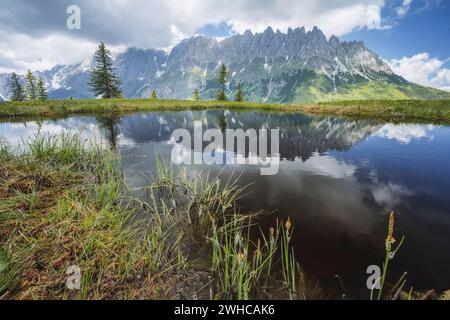 Bergteich mit Wilder Kaiser-Gebirgskette, die sich im Wasserteich spiegelt, Tirol - Österreich. Stockfoto