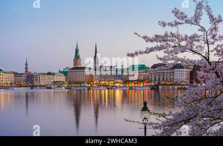 Schöne Panoramasicht auf Alster und Hamburger Rathaus - Rathaus am Frühling, der Abend im Goldenen Stunde. Panoramablick auf das Banner. Stockfoto