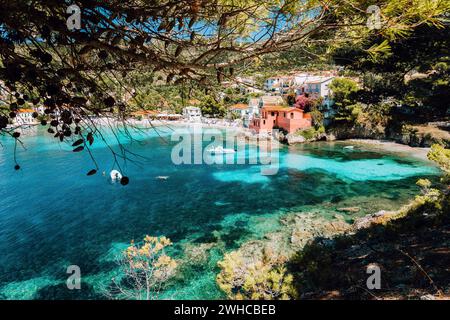 Schöne Bucht von assos Dorf, Kefalonia, Griechenland. Blick auf das durchsichtige Wasser, das zwischen grünen Pinienhainen eingerahmt ist. Tiefdunkles Muster auf dem Lagunenboden. Stockfoto