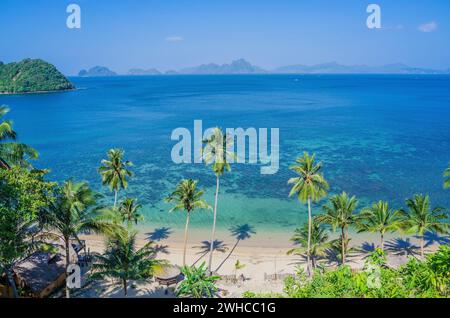 Sandstrand mit Palmen Schatten, riesige Felsen im Hintergrund, El Nido, Palawan, Philippinen. Stockfoto