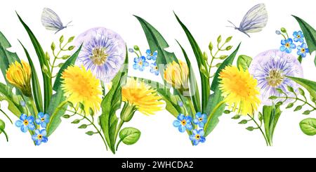 Nahtlose Grenze mit Sommerfeldblumen, Handzeichnung Illustration von gelben Löwenzahn und Blasbällen, Blättern, Kräutern, Schmetterling und Vergessen- Stockfoto