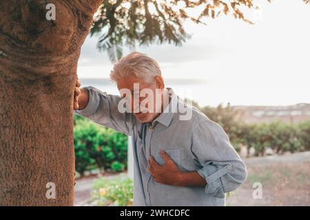 Kopfaufnahme Nahaufnahme Portrait kranker alter Mann, der sich schlecht fühlt, berührt seine Brust im Park. Müder reifer Mann, der neben einem Baum ruht. Stockfoto