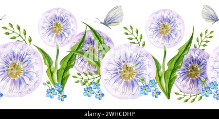 Nahtlose Grenze mit Sommerfeldblumen, Handzeichnung Illustration von gelben Löwenzahn und Blasbällen, Blättern, Kräutern, Schmetterling und Vergessen- Stockfoto