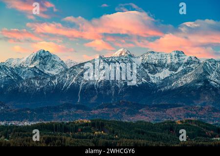 Sonnenaufgang über schneebedeckten Bergen im Herbst. Die Tannheimer Gruppe mit Gehrenspitze, Köllenspitze und großer Schlicke überragt das Alpenvorland bei Füssen. Allgäuer Alpen, Bayern, Tirol, Deutschland, Österreich Stockfoto