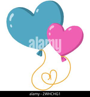 Zwei Ballons in Form von großen und kleinen Herzen in rosa und blauen Farben mit gelber Schnur auf weißem Hintergrund Stockfoto