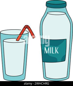 Flasche Milch und Glas Milch mit Stroh, Milchprodukte. Konzept für gesunde Ernährung Stock Vektor