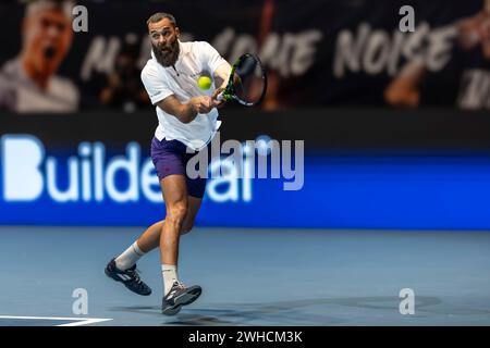 Oslo, Norwegen 9. Februar 2024 Benoit Paire aus Frankreich im Kampf gegen Andrey Rublev aus Russland während des Round Robin Ultimate Tennis Showdown Turniers in der Telenor Arena in Oslo, Norwegen Stockfoto