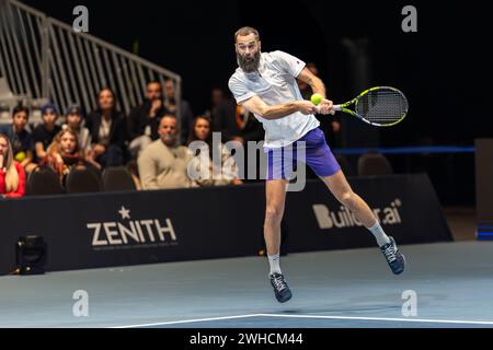 Oslo, Norwegen 9. Februar 2024 Benoit Paire aus Frankreich im Kampf gegen Andrey Rublev aus Russland während des Round Robin Ultimate Tennis Showdown Turniers in der Telenor Arena in Oslo, Norwegen Stockfoto