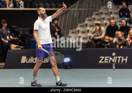 Oslo, Norwegen 09 Februar 2024 Benoit Paire aus Frankreich feiert gegen Andrey Rublev aus Russland während des Round Robin Matches des Ultimate Tennis Showdown Turniers in der Telenor Arena in Oslo, Norwegen Stockfoto