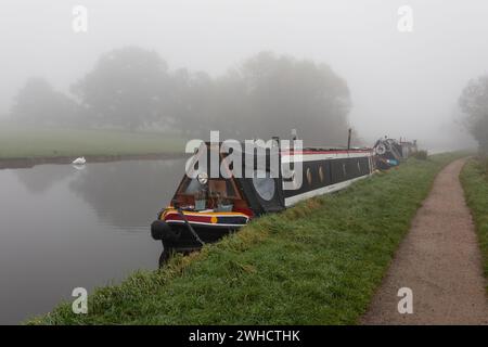 Eine Nahaufnahme von zwei Kanalschmalbooten, die am Schleppweg verankert sind. An einem nebeligen Morgen ohne Menschen aufgenommen. Da ist ein Schwan am anderen Ufer im Nebel Stockfoto