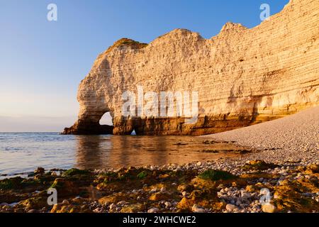 Steile Küste mit dem Felsentor Porte díAmont im Abendlicht, Etretat, Alabasterküste, seine-Maritime, Normandie, Frankreich Stockfoto