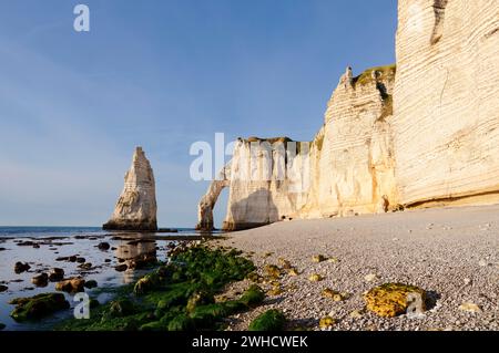 Steile Klippen mit dem Falaise d'Aval Felsentor und der Aiguille díEtretat Felsnadel, Etretat, Alabasterküste, seine-Maritime, Normandie, Frankreich Stockfoto