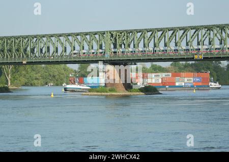 Südbrücke über den Rhein, Eisenbahnbrücke, Rheinbrücke, Eisenbahn, Zugverkehr, EIS, Schiffsverkehr, Frachtschiff, Brückenpier, Altstadt, Mainz Stockfoto